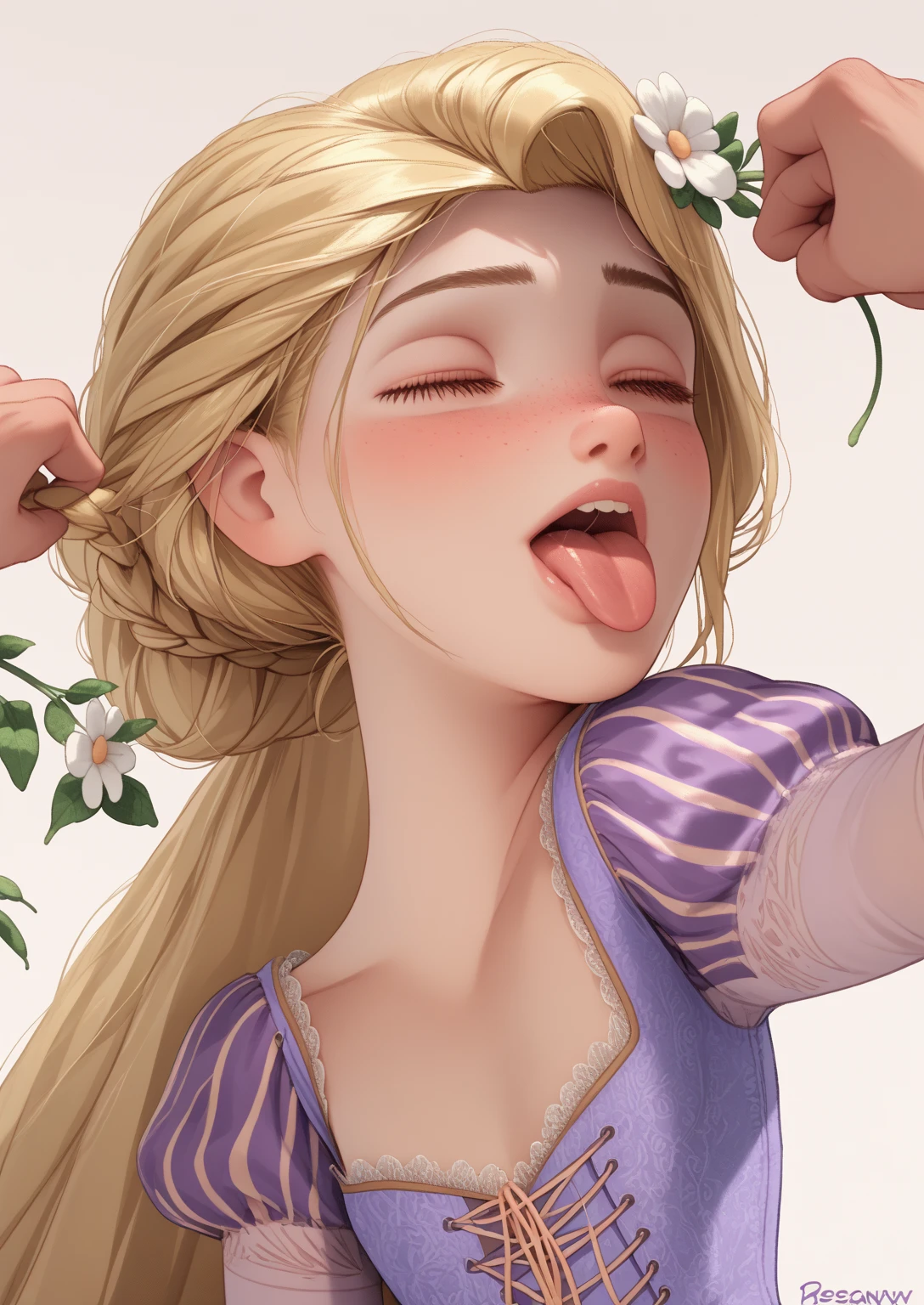 (high definition image, smile), ((Renaissance and art deco, round face, small breasts, complex designed decorations around the breasts, focus on breasts)), blush, braid, blond, masturbation, in the nature, in the forest, nipples, holding breast, ((drapery)),