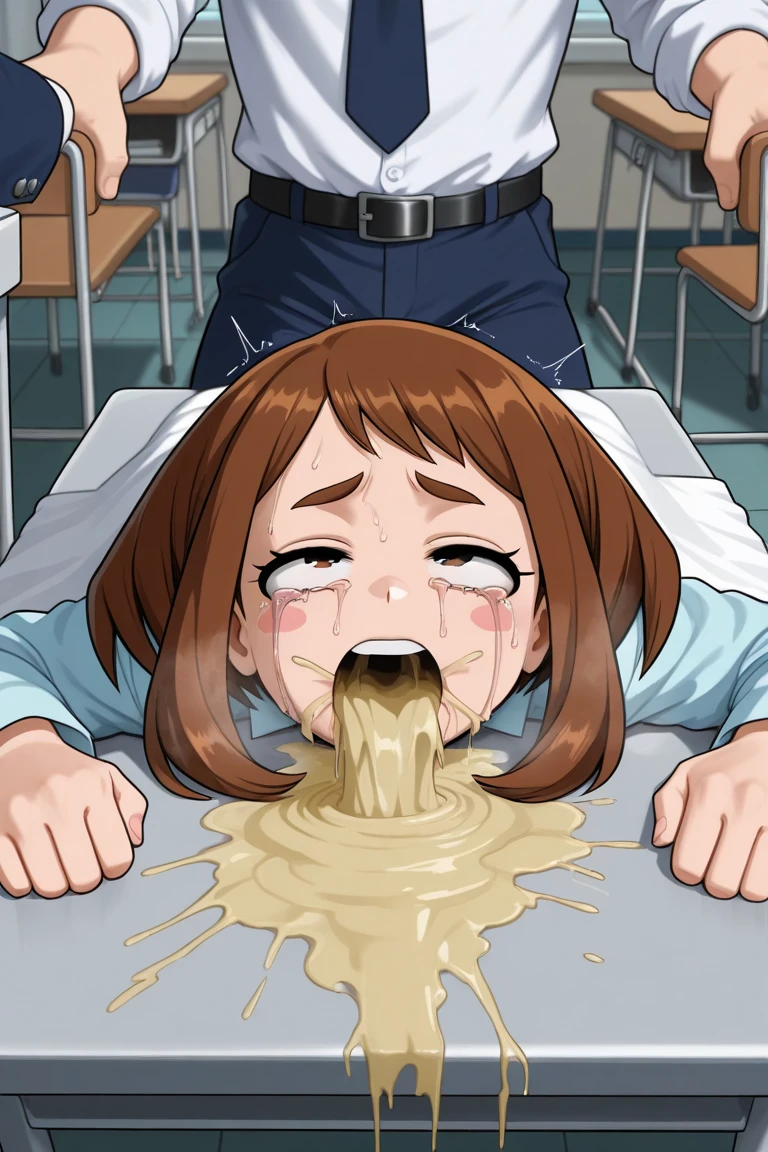 nsfw,,fellatio,sucking a penis hardly,man standing and female kneeling,mature modest woman, (black hair),short wavy hair,bukkake,excessive cum,cum dripping,(bukkake on face:1.2),patterned skirt,brown blouse,from side,at public bathroom,tiled wall,kneeling,plump body,look up,(sweaty),dirty floor,(blushed:1.1),