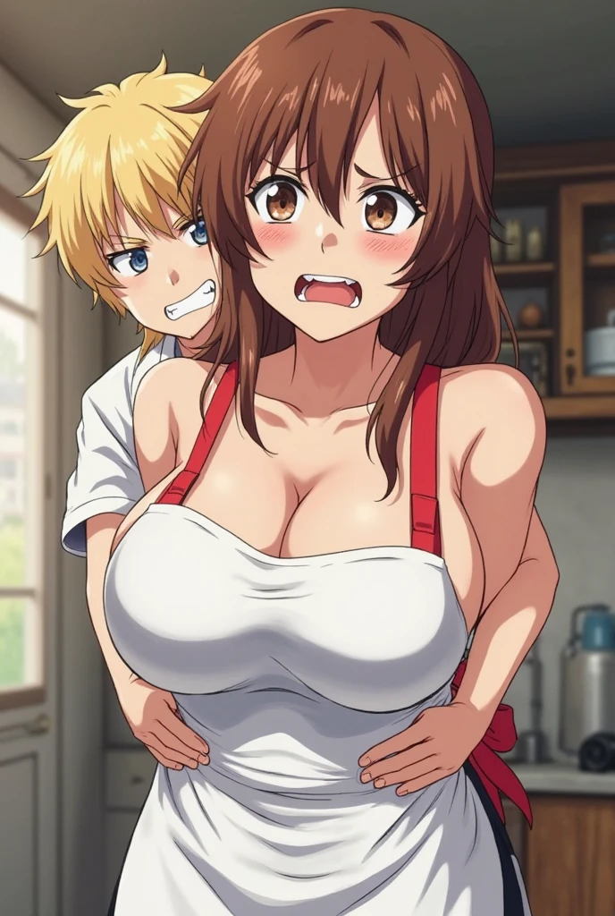Draw a mother with huge tits in a short dress with a 10 year old blonde boy., a 9 year old brown haired boy, a 6-year-old light brown boy and a 5-year-old light brown boy.