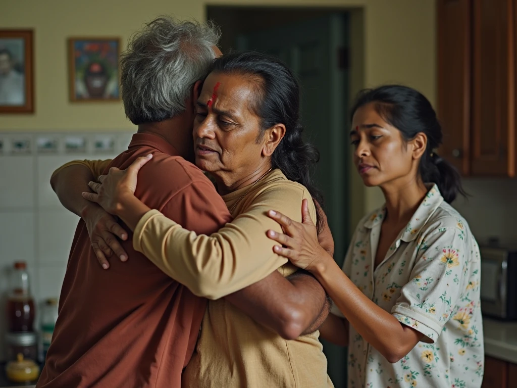 a 50-year-old shirtless man affectionately hugging and kissing aradiant, full-figured South Indian plus-sized 30 year old teacher wearing a off white silky saree in dressing room, captured in a full-body image with vibrant hues and meticulous details. Full body image