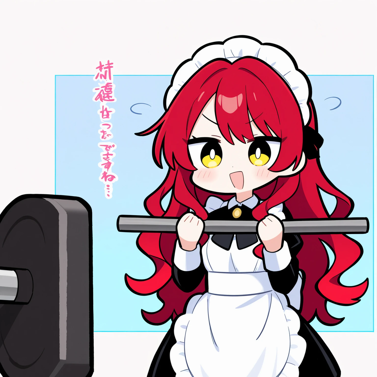 Beautiful Girl maid red hair long hair wavy hair with a graceful expression I try to lift dumbbells but they are too heavy to hold