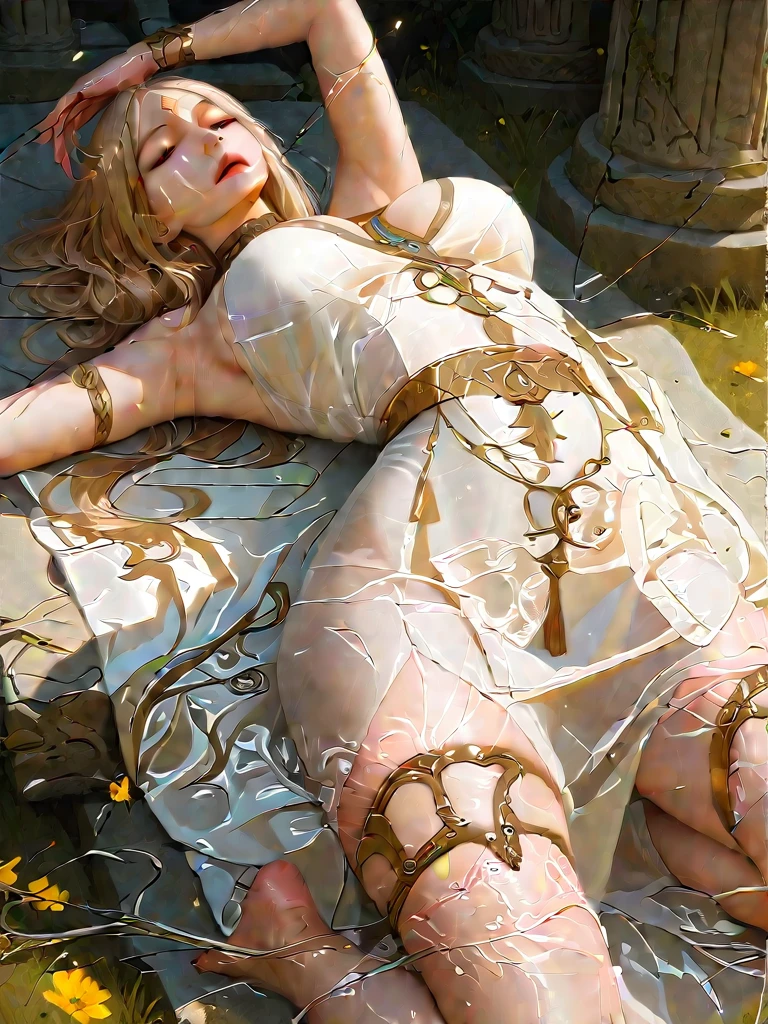 top view, (realistic_scale), (full body:0.9),(masterpiece), (best quality), ultra high res, highly detailed, illustration, beautiful, (masterpiece:1.2), (best quality:1.2), perfect eyes, perfect face, perfect lighting, 1girl, mature female, cum, after sex, bukkake, lying, on back, spread legs, hair spread out, long hair,  (long dress, see through clothes), torn clothes, solo, long hair, a princess, exausted, broken, sweat, , fantasy, elf, (small pointy ears:0.8), ahegao, eye rolling up