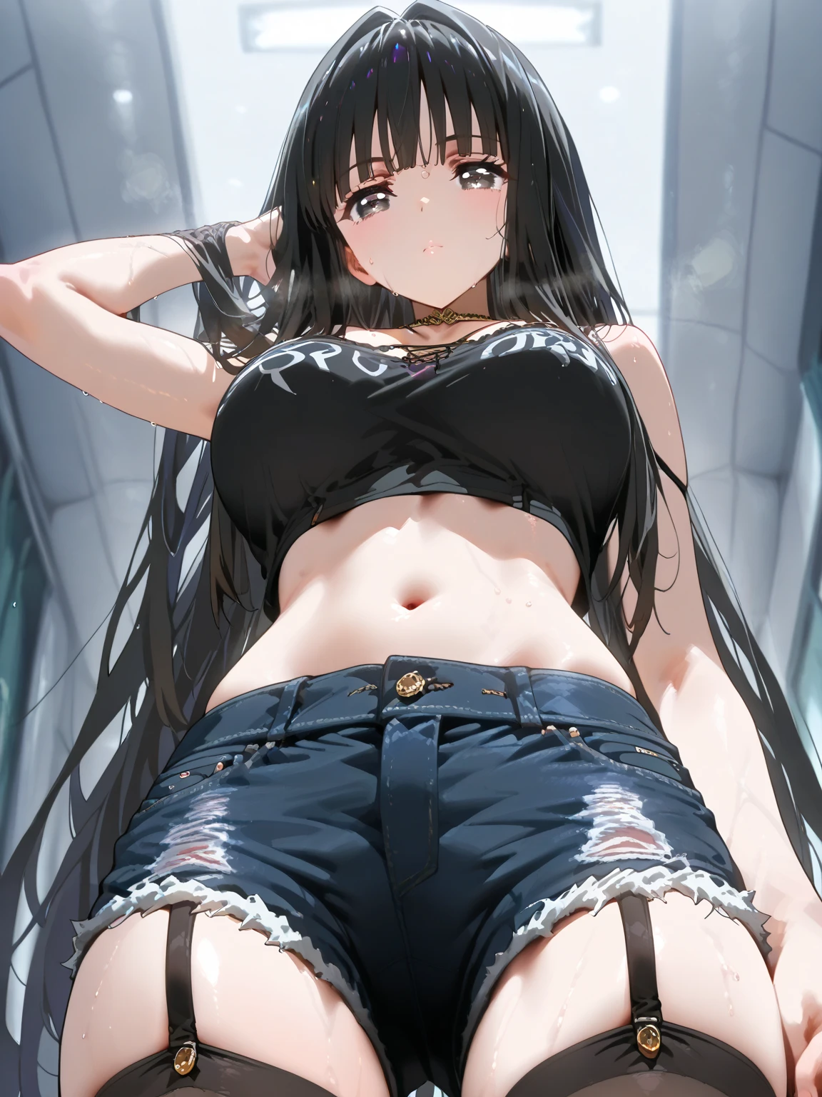 Kaori, Single model, solo, half Asian, half Latino, very long straight black hair, freckles, blushing, wet eyes, long chain pendant, very large heavy breasts, chubby, belly, stretchmarks, sports wear, collar, cuffs