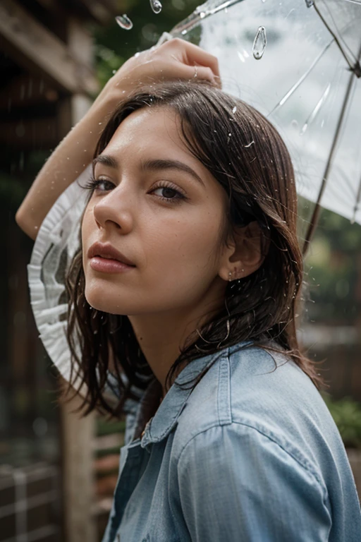 a profile picture, serious look, her hair is wet, background is blurred,