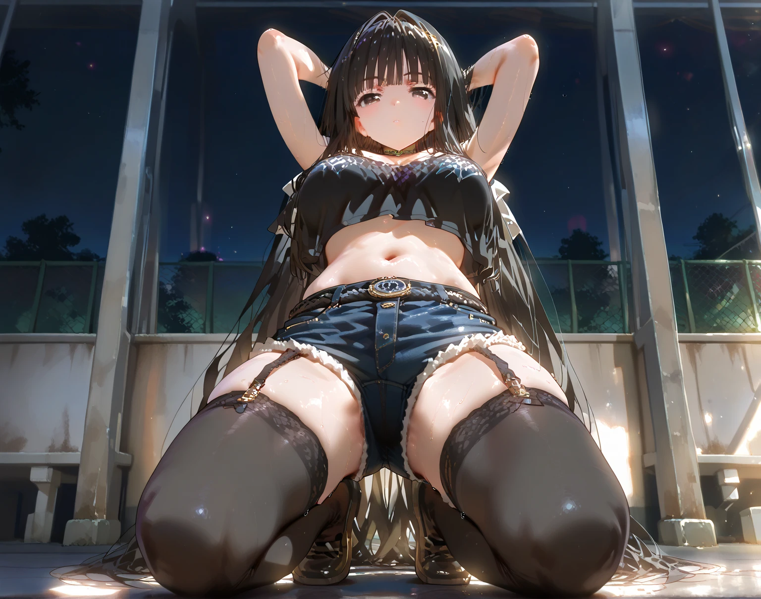 masterpiece, 最high quality, High resolution, Final Fantasy 7、Tifa Lockhart、Black torn clothes 、Black ripped pantyhose、Dark church at night、sexy、Wearing a mini skirt、Thin legs、Big Breasts、Slim figure、high quality CG Tone、Torn black panties、Defeat scene、Losing to a woman、Lie face down on the floor、Surrounded by women、Tattered、Wriggle your body、Clear fluid coming from the genitals、Black Hair