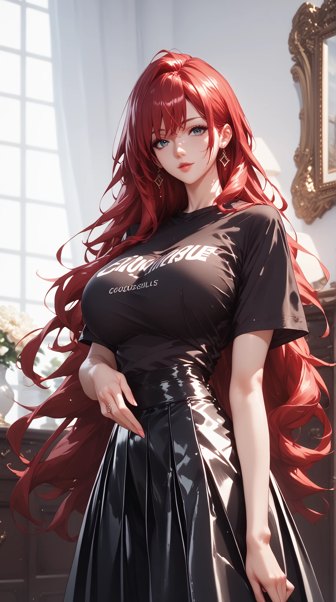 White and red gradient hair、long hair、Wavy Hair、One Girl、cute、Black Leather Jacket、Camisole high waist jeans
