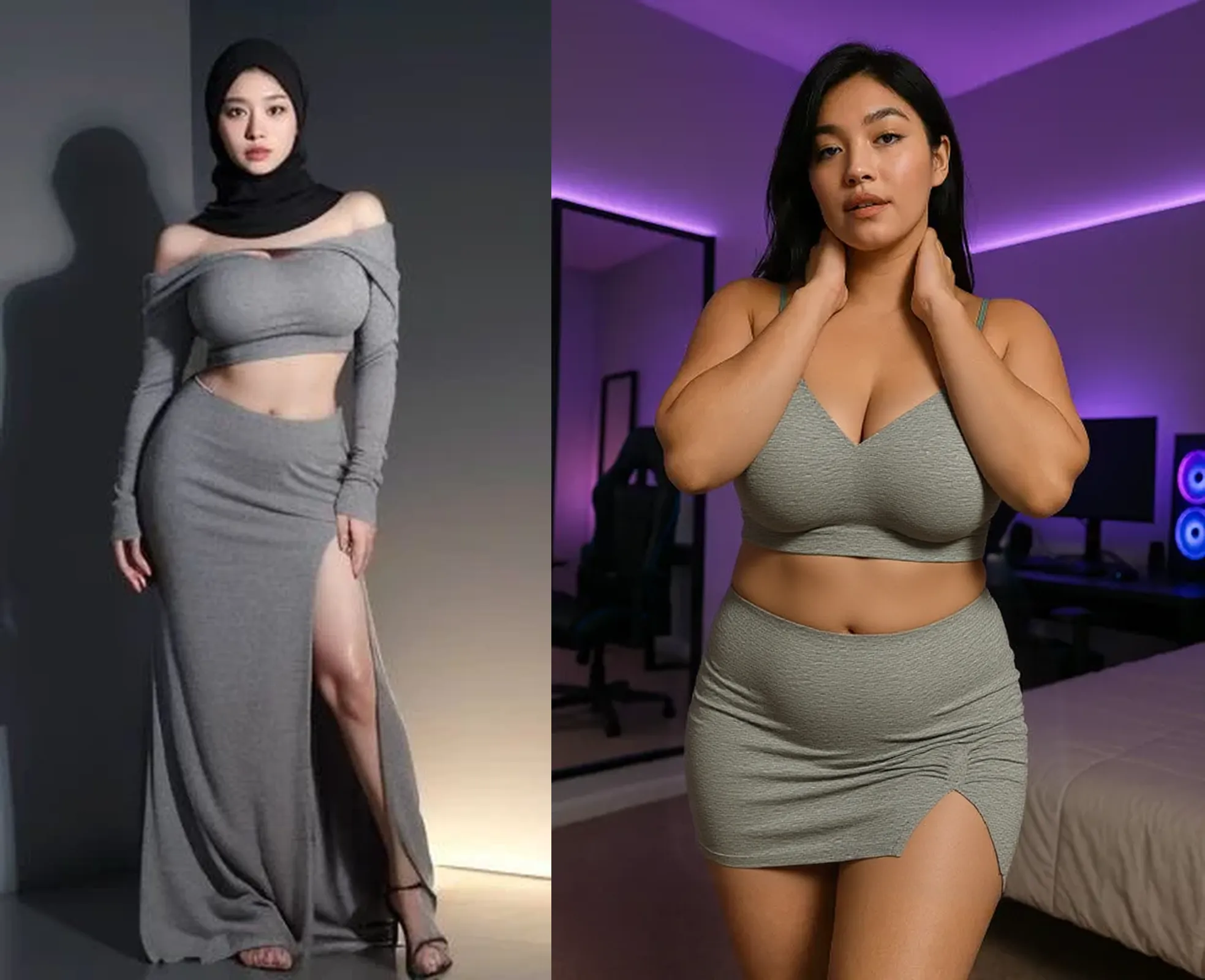 50 years Old, Hijab Indonesian mature woman, Largest Tits : 38.9, Tank Top, Mini Skirt,((curvy body)), Breast about To burst out from her clothes, at doctor office, Dark light, at Nighttime.