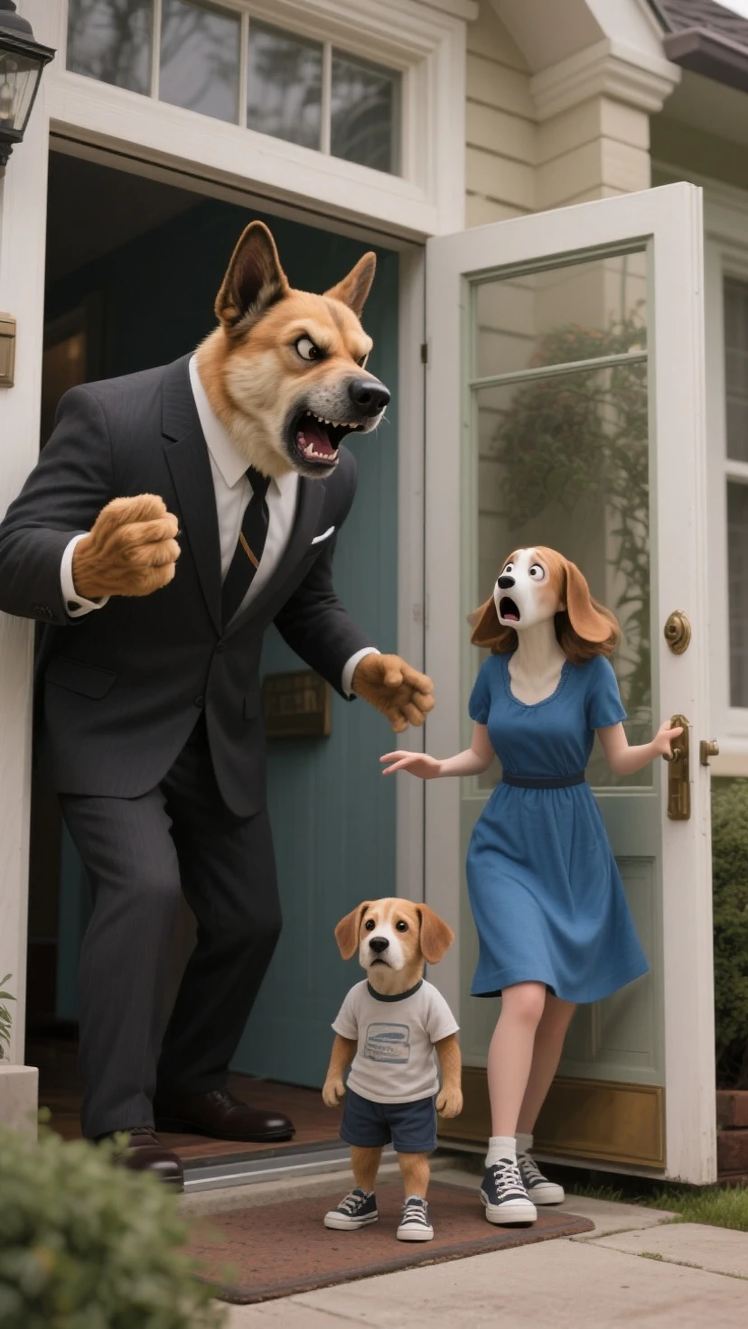 "A large male dog with a fully realistic dog face is extremely angry, wearing a formal suit. His canine facial expression shows intense rage. He stands at the front door of his house, yelling and forcefully sending a female dog away. The female dog, with a clearly realistic dog face (no human traits), is wearing a blue dress and looks frightened and shocked while stepping out. Inside the house, a small dog with a realistic dog face stands behind the door, wearing shorts, a t-shirt, and shoes, watching sadly. All characters have human-like bodies but strictly realistic dog faces. Clothing is complete and appropriate."