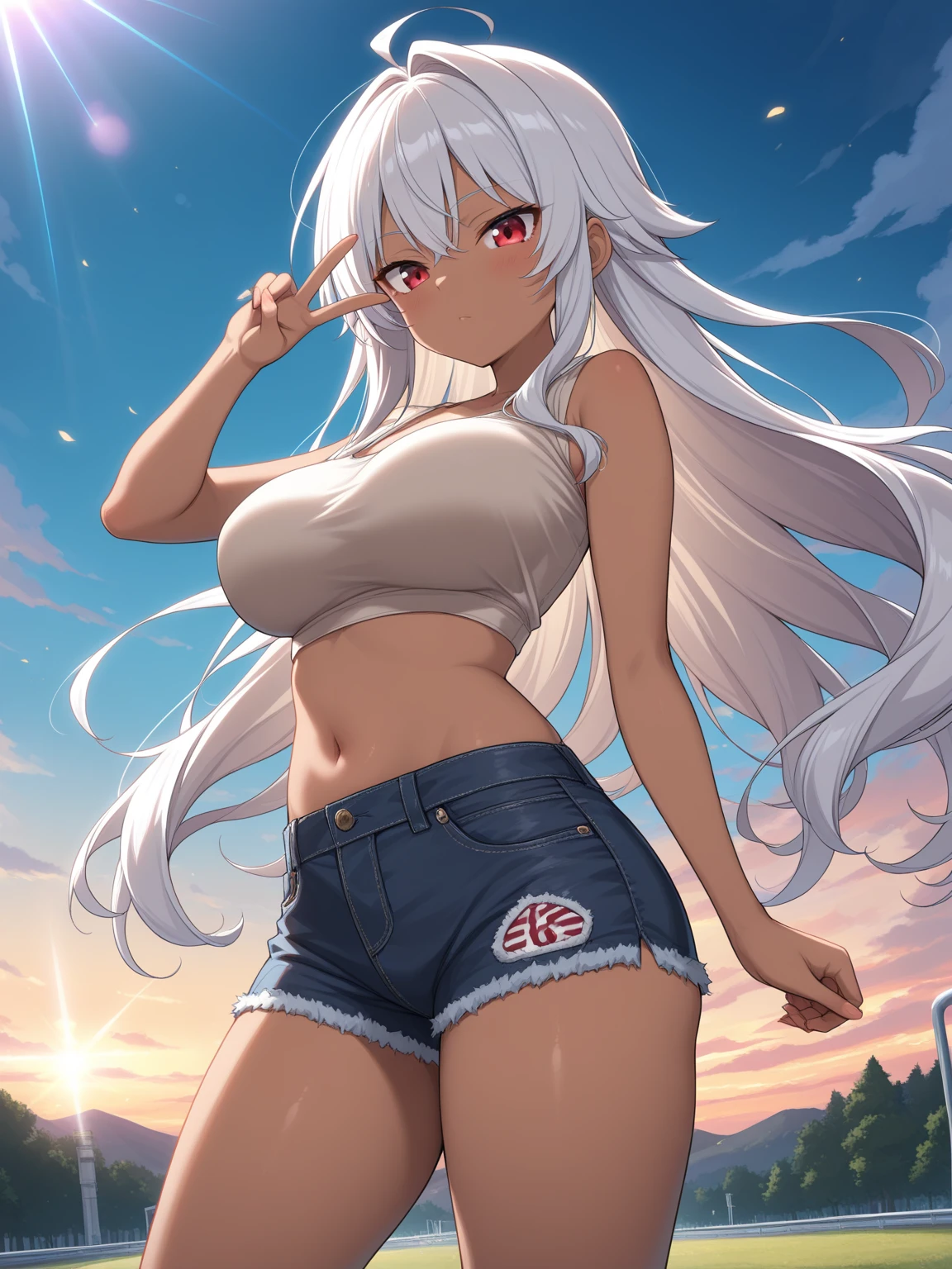 ((best quality)), ((highly detailed)), masterpiece, , <lora:more_details:.4>, (1girl), (glasses), sexually suggestive, <lora:MirkoMHA-v1-1:.9>, mirkomha, boku no hero academia, white hair, very long hair, (red eyes), ((dark skin:1.3)), muscular female, rabbit ears, large breasts, sweater, crop top, long sleeves, midriff, shorts, (outside, at a shrine, night, night sky, stars, multiple moons, telescope, clear weather), <lora:Baalbuddy_style_v01:1>