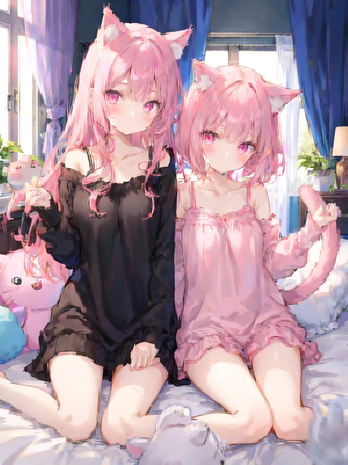 Best Quality,8K,middle School girls,「a boy is grabbing girl’s breasts from behind」valley,Naughty Girls,Pink Hair,Absurd,Horny girl,Bed in the room,Adult