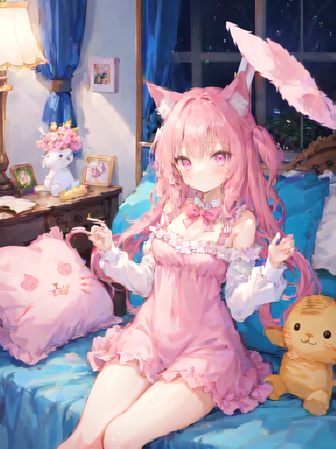 Anime girl sitting in front of cake,There a cat on it, splash ink art anime loli, Very detailed ArtGerm, ahri, ! dream art jem, Portrait of a beaver, Guweiz style artwork, serafina ali kda, Very beautiful anime cat girl, beautiful anime catgirl, guweiz