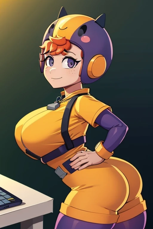 bsbea, Adult, solo, Black Eyes, Yellow jumpsuit, Shorts, Purple Belt, Purple long stockings, orange hair, zip tab, (purple shoulder straps:1), freckles, ssmile, (nice hands:1), purple sleeves, (top of the helmet), Masterpiece, Best Quality, (a perfect face:1), (gigantic breasts, wide hips)