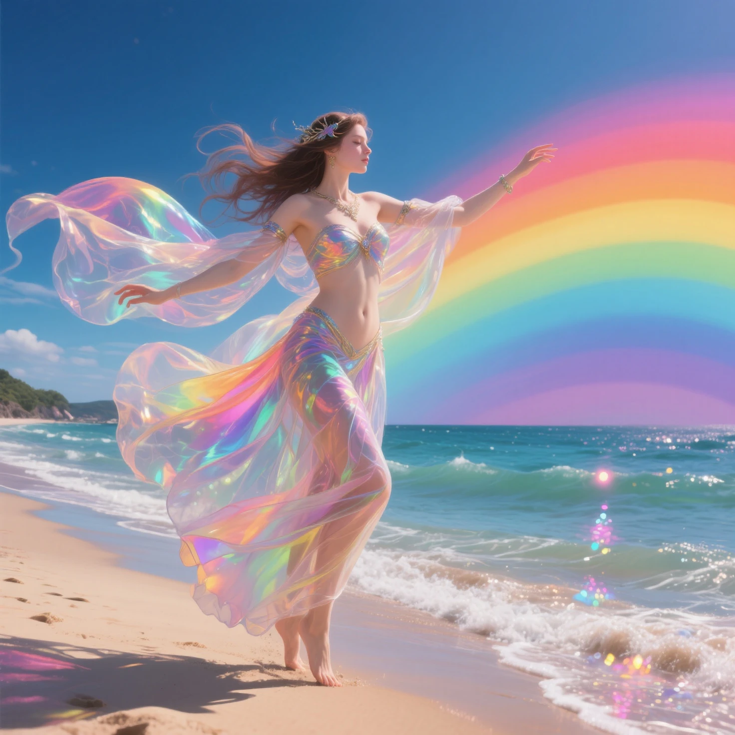 A beautiful teen girl is dancing, looking into the camera, photorealistic painting, sharp focus, 8k, perfect composition, trending on art station, award-winning photograph, unreal engine 5, cinematic smooth, intricate detail, highly detailed, from below, splash, fractal art, god ray, crystallineAI, rainbow, in the park, naked,1girl, GinaGerson