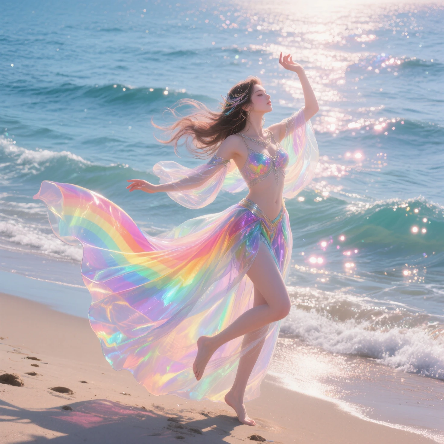 Tween girl in a purple top and white shorts on a beach, a stunning young ethereal figure, diaphanous iridescent silks, hip skirt wings, fairy wings, wearing translucent sheet, draped in flowing fabric, wearing a luxurious silk cloak, flowing cape, butterfly wings, large mosquito wings, gossamer wings, wearing a long flowy fabric