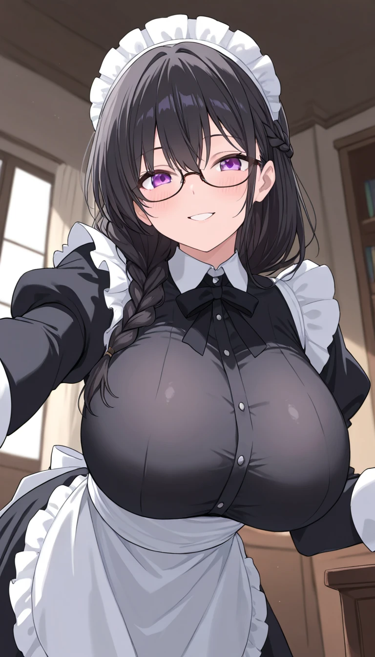 Night time,(Masterpiece), Best Quality, ultra-detailed, 1girl (eri, Slender and sexy body, huge breasts, wide hips, naked body brown hair, long wave hair, brown eyes,half-closed eyes, spectacles),evil face, smirk,parted lips, facing viewer, looking at viewer, solo, maid (black), frill, apron, ultra mini skirt, skirt lift, pussy, maid headdress, black lace thighhighs, in the bedroom, standing, Sexy waist teasing, come-on, lure, spread legs , skirt lift, love juice flows out of her pussy