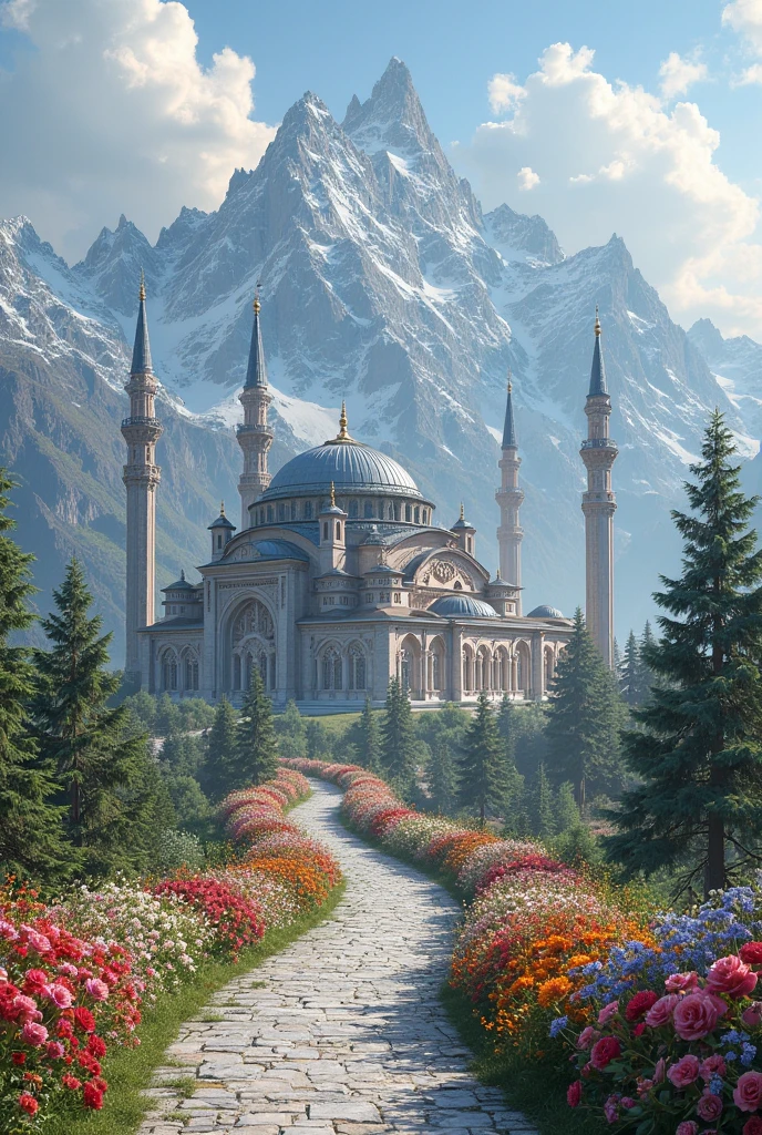 To create an AI-generated picture based on the description, you can use a detailed prompt like this:

"Generate a highly realistic image of a mosque set against a backdrop of majestic mountains. The mosque should feature intricate architecture with delicate, shimmering domes and minarets reaching towards the sky. The façade should be adorned with elegant patterns and serene colors, reflecting a heavenly light. Surrounding the mosque is a lush garden filled with vibrant flowers and tall, graceful trees. The scene should combine natural splendor with spiritual serenity, creating a divine and peaceful atmosphere."

Use this prompt in an AI art generator or image creation tool to achieve a vivid, lifelike depiction.