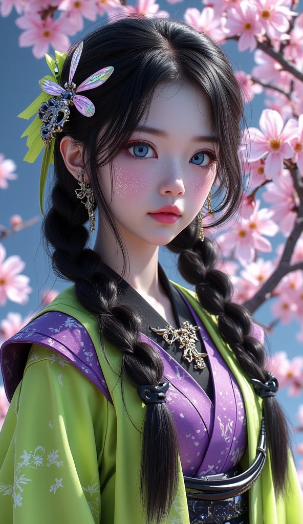((Best Quality)), ((Masterpiece)), (Detail: 1.4), 3D, Beautiful Cyberpunk Female Image, HDR (High Dynamic Range), Ray Tracing, NVIDIA RTX, Super Resolution, Unreal 5, Subsurface Scattering, PBR Texture, Post-Processing, Anisotropic Filtering, Depth of Field, Maximum Sharpness and Sharpness, Multi-layer Texture, Albedo and Highlight Mapping, Surface Coloring, Mitsu-Accurate Simulation of Material Interactions, Perfect Proportions, Octane Rendering, Two-color Light, Large Aperture, Low ISO, white balance, regular three-point, 8K RAW, beautiful bright pupils, flowing robe, fine pupils, delicate face and eyes, long eyelashes, blush, fluffy hair, pink lips, pure, cute, cherry blossom petals falling, butterfly