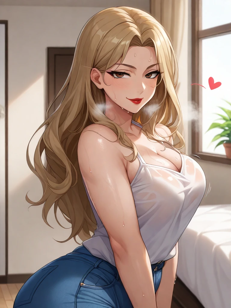 masterpiece, ,(solo:1.1), perfect face, hair over one eye, small waist, (bright lighting:1.2),beautiful detailed eyes, extremely detailed face, perfect lighting,masterpiece, best quality, ((mature female)), ((large breasts)), 30yo female, 1girl, (medium red hair), white under hair, ((wolfcut hair)), (wolfcut hairstyle), (side bangs), (thick bangs), hair over one eye, thick bangs hiding most of left eye, straight hair ,provocative, tease, milf, large breasts, simple smile, adult woman, thick skirt, mini dress , full body. ((extremely realistic shading, masterpiece, extremely detailed, photorealistic)), bright red eyes,pearl necklace,necklaces, indonesia chinese traditional clothing, gold gold wristband, gold choker, pressed breasts, no background, midriff, exposed belly,