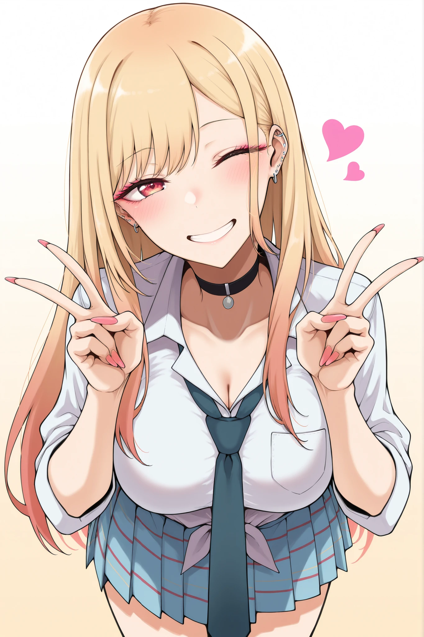 masterpiece, best quality, amazing quality, very aesthetic, absurdres, highres, newest,1girl, solo, kitagawa marin, blonde hair, skirt, collared shirt, necktie, double v, smile, head tilt, leaning forward, wink, blush, heart, choker, makeup,
t4n1sh1t4n1a