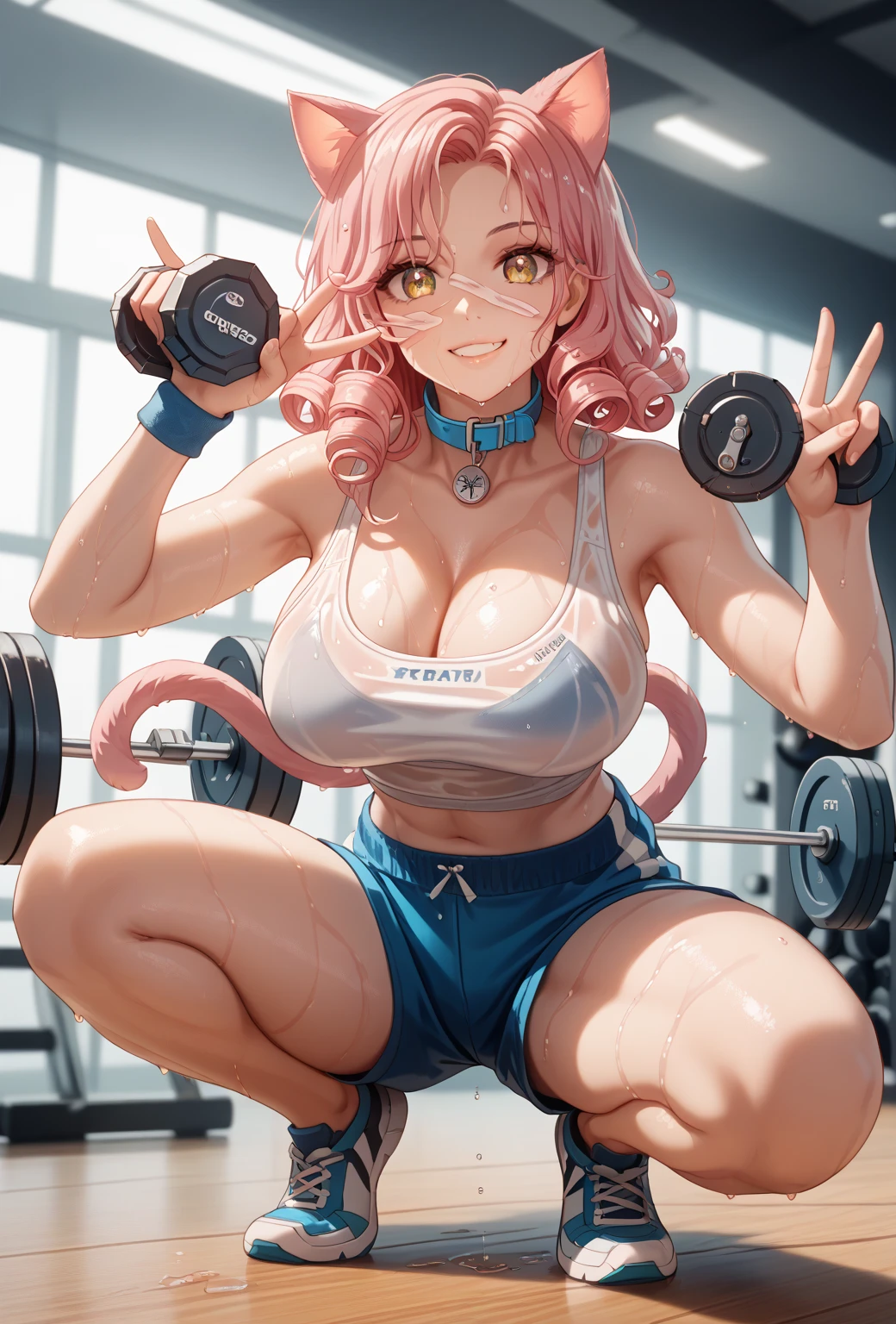 (Masterpiece, BestQuality:1.3), (ultra detailed:1.2), (hyperrealistic:1.3), (RAW photo:1.2), High detail RAW color photo, professional photograph, (Photorealistic:1.4), (realistic:1.4), (Pink Hair:1.5), professional lighting, perfect anatomy, (Big Breasts:1.2), (blush, detailed face), (cheerful Smile:1.5), Trending Hair&Trending Hairカラーをランダムに, earrings, necklace, bracelet, sexly, erotic sexly, Random sexy gravure poses, (Black sports bra and pink leggings、The background is the gym、Lifting her sports bra a little to show off her abs、Poses with dumbbells。:1.3)