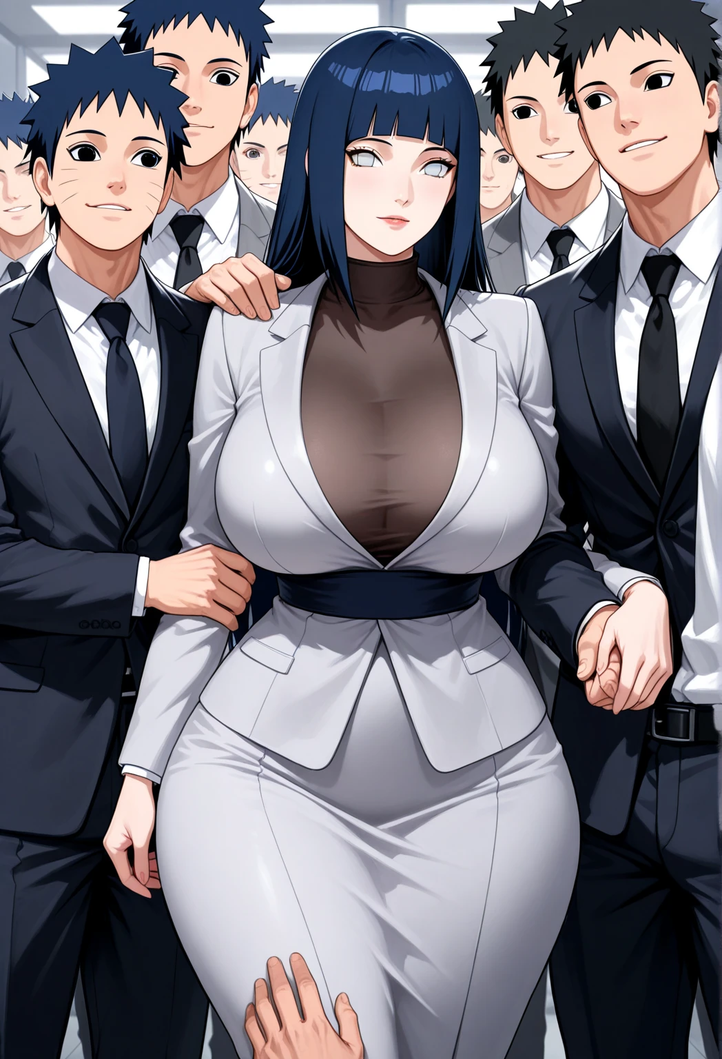 Albedo(Overlord),black hair,white horn,curvy body,big breast,big thighs,fully naked, standing in the middle of the dark room, surrounded by multiple men(all wearing business suit, faceless,bald,ebony skin,all hairless, standing very close toher, surrounding her from every direction),her breast was fondled,her nipples was teased,her thighs was caress by them,every part of her body was touched by the group,mating scene,sex,gangbang, cheating wife, netorare,nsfw,((hentai art style)).