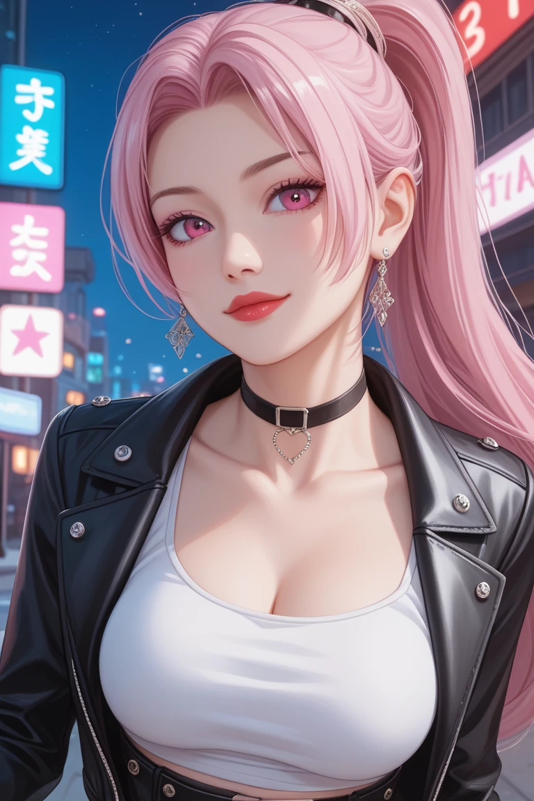 Beautiful, solo, 1 female, mature, long hair, magenta hair with bangs, hotpink eyes, white clothes, smile facial, futuristic, cyberpunk, dices, earrings