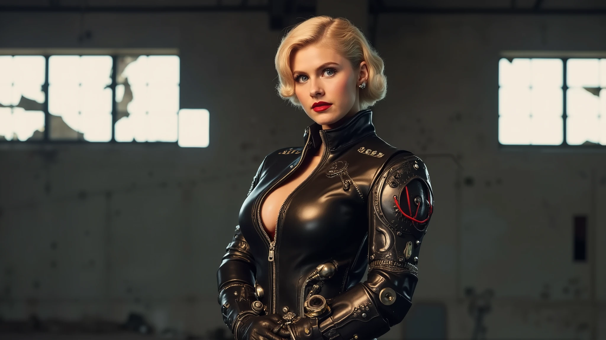 In a striking visual composition, a glamorous 1950s-style pin-up girl is reimagined as a retro-futuristic android, confidently posed in an abandoned industrial area. The scene is illuminated by soft, diffused light filtering through broken windows, highlighting the contrast between her vintage elegance and mechanical enhancements. Her classic victory rolls, bold red lipstick, and sultry gaze evoke nostalgia, while her sleek black leather suit integrates intricate mechanical components, such as exposed gears and metal tubing. Industrial-grade armor plating accents her shoulders and hips, merging femininity with strength. The suit features glowing dials and analog meters, adding a vibrant pop of color against the dark backdrop, and a zipper resembling a power conduit runs down the center, emphasizing the fusion of retro style and futuristic technology. Thick, flexible cables and steel reinforcements enhance her limbs, creating a harmonious blend of beauty and machinery, embodying the essence of retro-futurism in this captivating scene.