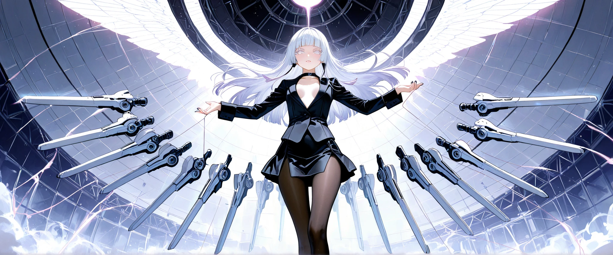 1girl, light lavender eyes, lush light lavender eyelashes, white Hair, straight bang, hime cut, flat Breast, black and white suit, long slit skirt, Choker, pantyhose, nail polish, black nails, masterpiece, best quality, Perfect details, perfect composition, Perfect face, Perfect hand, absurdres, newest, very aesthetic, amazing quality, highres, film grain, Focus on the character, Cinematic, dramatic, Magnificent, looking at viewer, dynamic view, thin thread, cute expression, floating thin string, afterimage light effect following her, white theme, giant white structure, floating pose, Machine Summoner, Witch of the Machine, conductor, floating white particles, Mechanical, Artificial, floating white rifles, The glow waves that form in the air where her feet touch, Futuristic thick clothes, outside, battle field, white staff, ether energy, floating fin funnels, orange glow, magazine cover, Shining fingertips, Acrobatics, marionette,