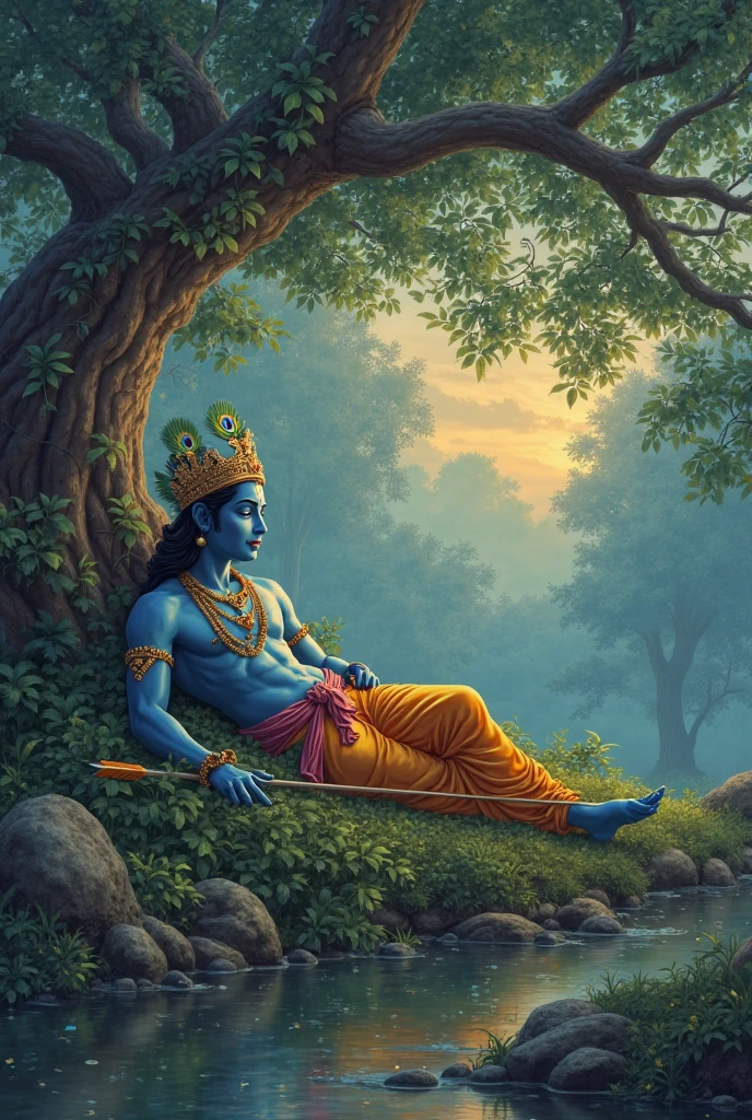 Visualize Lord Krishna leaning casually against a sturdy, ancient tree near a gently flowing river. The tree provides a natural canopy with its broad, leafy branches, offering a tranquil shade. Krishna is depicted in his divine form, embodying relaxation and serenity.
He is dressed in elegant, flowing garments, typically in hues of blue and gold, which contrast with the greenery of the tree and the soft colors of the riverbank. His crown, adorned with a single peacock feather, adds a regal touch to his relaxed appearance.
Krishna's posture is relaxed as he leans against the tree, with one leg possibly propped up or extended comfortably. His expression is peaceful and content, reflecting his inner tranquility. The river meanders gently beside him, its surface shimmering softly under the light. The riverbank is adorned with lush grass and scattered wildflowers, enhancing the serene, pastoral setting. This scene captures Krishna’s divine calmness and the harmonious connection between his divine presence and the natural beauty around him.