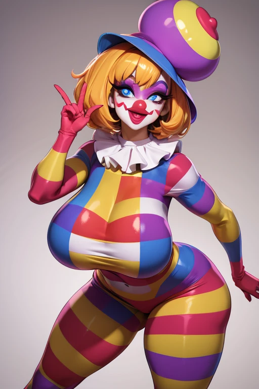 Clown girl, wide hips, huge thighs, thin waist, tight clown clothes, clothes that define the curves of the body, clown makeup, wide smile, Circus dressing room as a background , masterpiece, HD, vibrant, dark atmosphere