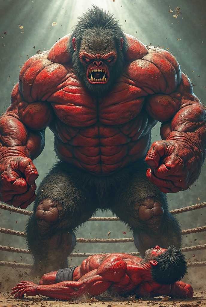 "Create an electrifying HD wallpaper that depicts an intense battle between Zangief and Godzilla. Highlight the immense strength and determination of Zangief as he prepares to grapple with the towering, ferocious Godzilla. Zangief, with his muscular physique and iconic red wrestling gear, should be mid-motion, about to execute a powerful wrestling move. Godzilla, colossal and menacing, should be roaring, with his atomic breath charging up, ready to strike. The backdrop should be a city in ruins, with debris flying and buildings crumbling, emphasizing the epic scale of their clash. Use vibrant colors, dramatic lighting, and detailed textures to bring this action-packed scene to life, capturing the sheer intensity and chaos of their encounter."