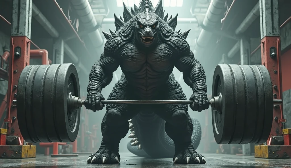 Bodybuilder Godzilla working out in the gym，Smiley Asthma，Big, sweaty body