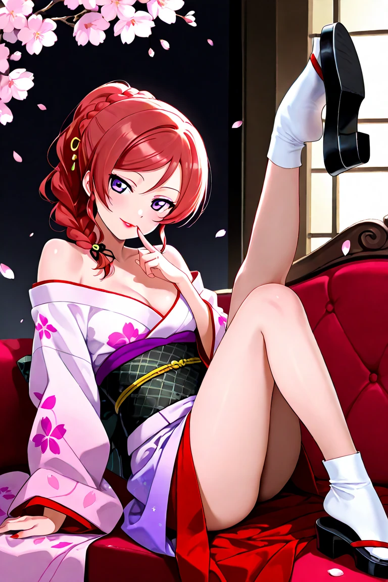 masterpiece, best quality,1990s \(style\),sumire kanzaki, breasts, petals, collarbone, obi, cleavage, holding, looking at viewer, red ribbon,(kbxll:0.6)