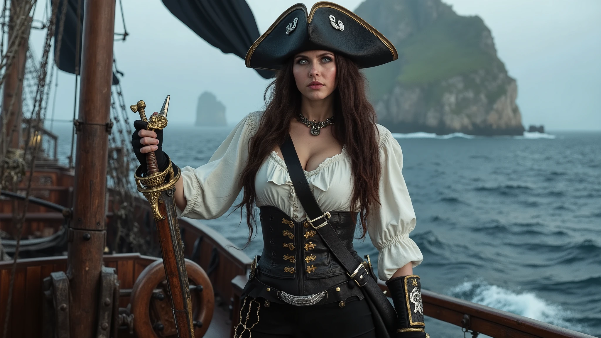 A strikingly beautiful female pirate captain commands her massive ship, her hand firmly gripping the large wooden pirate rudder. Her long, wavy hair flows freely beneath a worn but ornate tricorn hat adorned with silver accents. Her piercing eyes, sharp and focused, gaze directly at the camera with a mix of seriousness and subtle seduction, as though she’s plotting her next daring move. Her attire strikes a balance between ruggedness and allure: a fitted leather corset over a loose, billowy white shirt, with tight black trousers tucked into high, weathered boots. A polished pirate cutlass hangs from her hip, its intricate hilt wrapped in dark leather, gleaming in the dim light. In her other hand, she holds a flintlock pistol—its barrel ornately engraved with gold detailing, emphasizing her status as a seasoned and formidable captain. The ship, with black flags billowing in the wind, leaves behind a mist-shrouded island, heading towards the dark, foreboding ocean. The scene crackles with tense energy—the waves crash against the hull, but the pirate’s calm, confident stance and the hopeful glint in her eyes suggest that she’s destined for success in her next great endeavor.