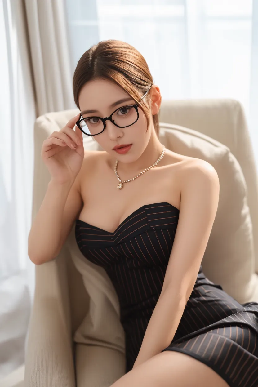 gigantic cleavage breasts:0.5,Red suit,Black hip skirt,black micro skirt,A-line skirt,She wears black pantyhose on her legs,high-heels,Wearing glasses,Sit on the couch in the office,The beauty of mixed races,Very white skin,lips in red,Pure and cute appearance,face round,being thin,Very skinny,The legs are thin,Smooth skin,The face is a little rosy,Lips slightly open,Diamond stud earrings,Black lace collar,Smooth fair skin,Flawless skin,white glowing skin