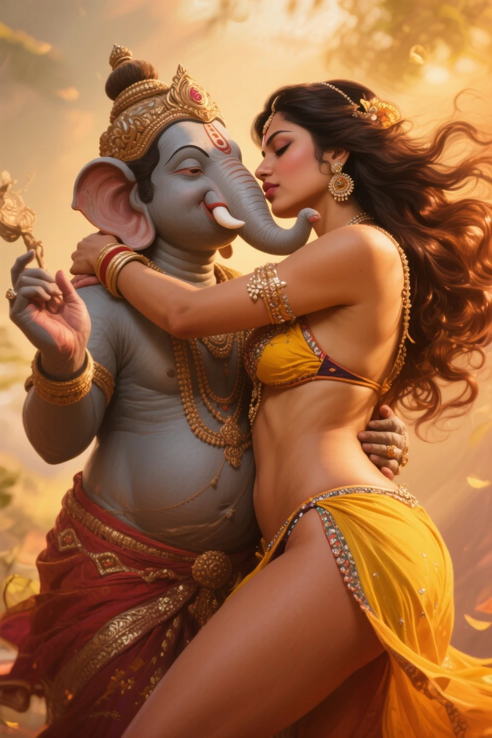 Highly detailed image, lord ganesha elephant god, hugging front facing goddess Parvati,ten arms, weapons and modak in each hand, in trance, from behind, squeezing hips his trunk is coming out between her legs touching her covered vagina front facing goddess sexual bending forward parvati with her smile, tight blouse