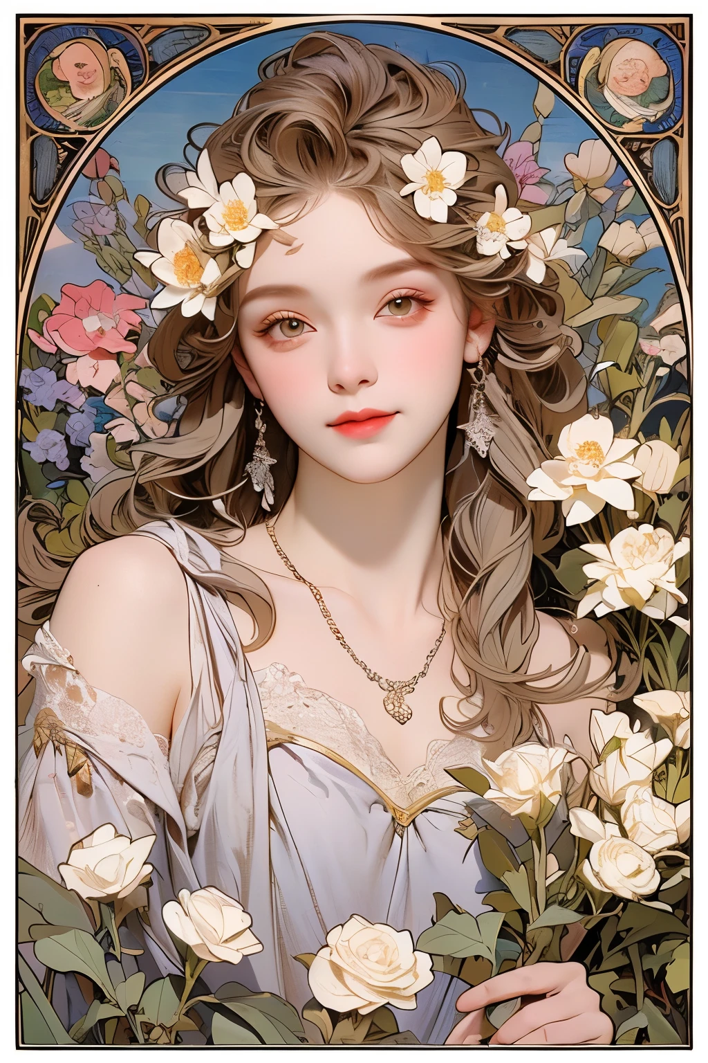 (Oil painting of a young, beautiful woman), striking portrait, (calm, gentle, girlish smile), (almost straight, medium-long silver-gray blonde hair), (close-up), glossy lips, (simple, urbane, sharp shirt), (slim figure), small necklace, soft spring sunlight, young leaves on the trees, fine and precise details, small spring flowers, muted colors, bright primary colors used partially as accents, use of contour lines, clean line drawing, (Alphonse Mucha-style composition), (stylish decorative frame in Art Nouveau style), masterpiece!, beautiful!, wonderful!, perfect!