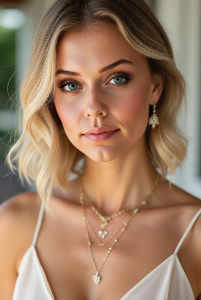a beautiful blonde woman, thin, pierced, perfect nipples