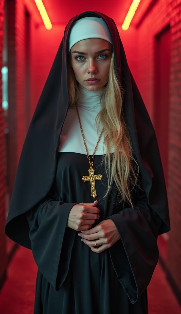 (photorealism:1.2), Beautiful young nun with black habit cross on the chest large and showing legs