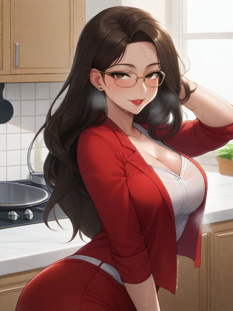 attractive korean woman, ripped muscle, muscular body, small breast, pale skin, smile(blush), red chemise, cross necklace, sixpack abs, [ultra detailed skin:1.2], brown hair, long wavy hair, 8k uhd, pussy, full body, crowd, public, night, office, sitting,