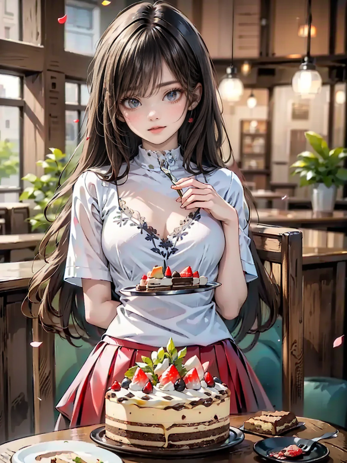 masterpiece、High Quality、masutepiece、Detailed to the smallest detail、Anime girl in a cake shop wearing Santa costume cosplay clothes、cute face、Gentle look、They sell whole cakes outside.、The background is the entrance of a cake shop