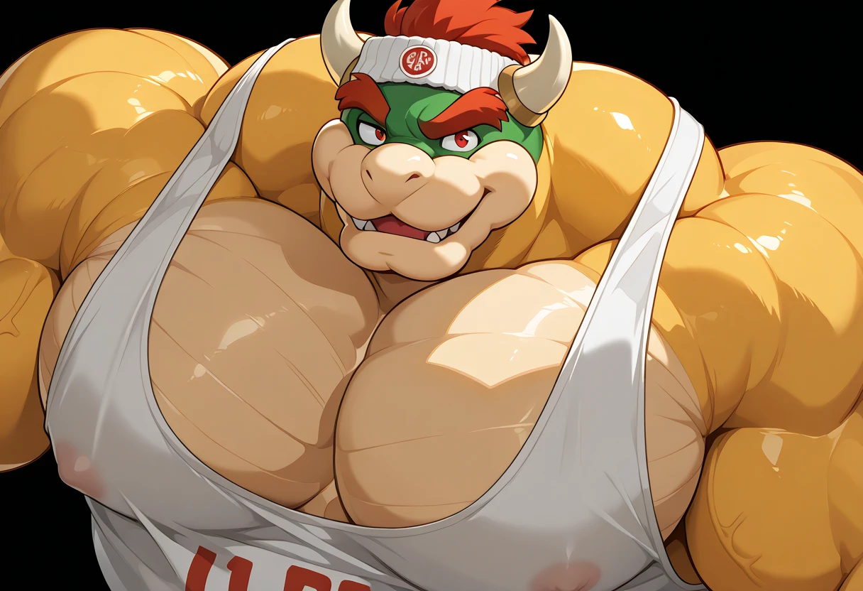 Muscular Bowser, furry, Long hair, black open cut sleeveless gym shirt, shorts negros