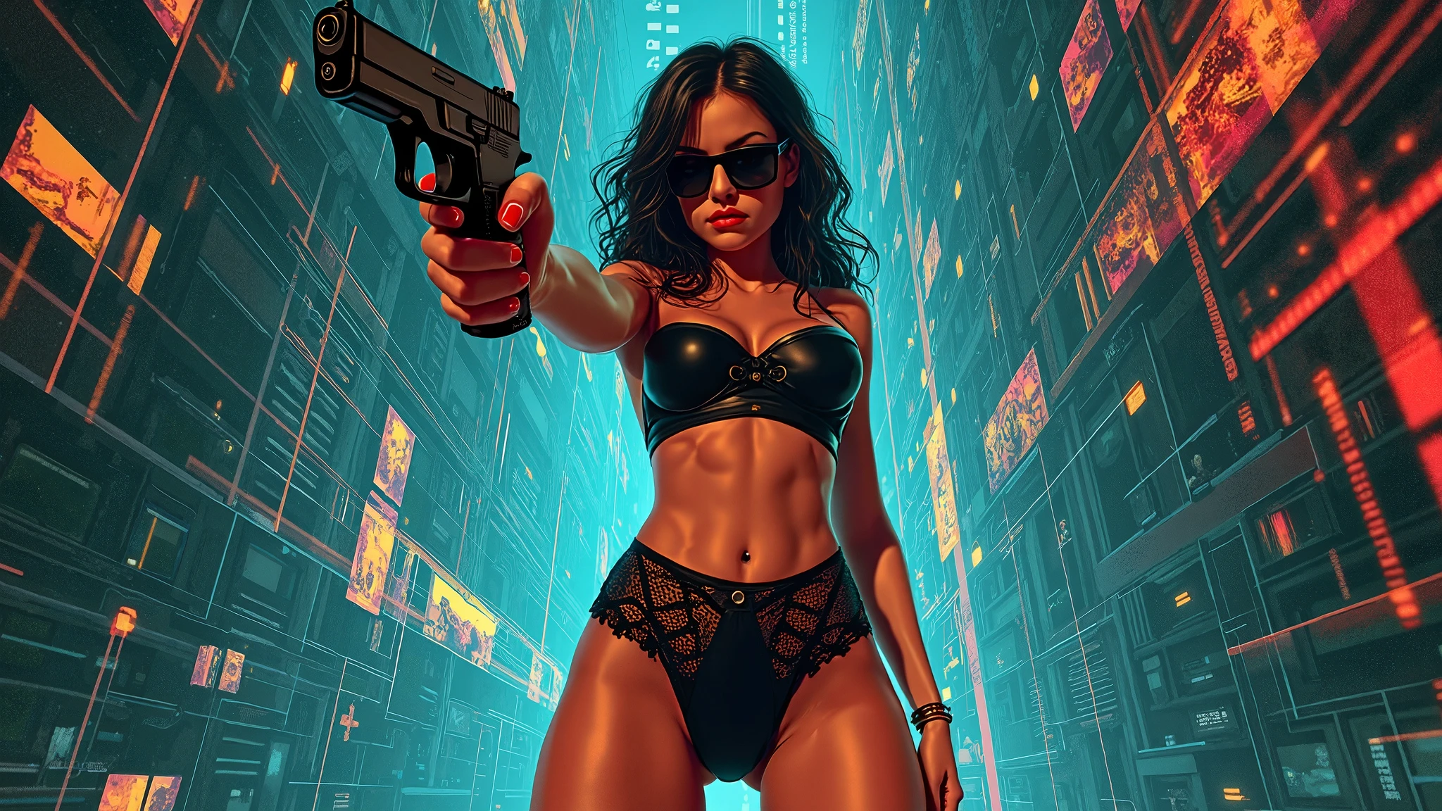 Masterpiece, best quality, Masterpiece, best quality, 1 woman, wavy brown hair, sunglasses , sly face , naked , abdomen, big breasts , , stand on your hips , wall , tunnel , nighttime