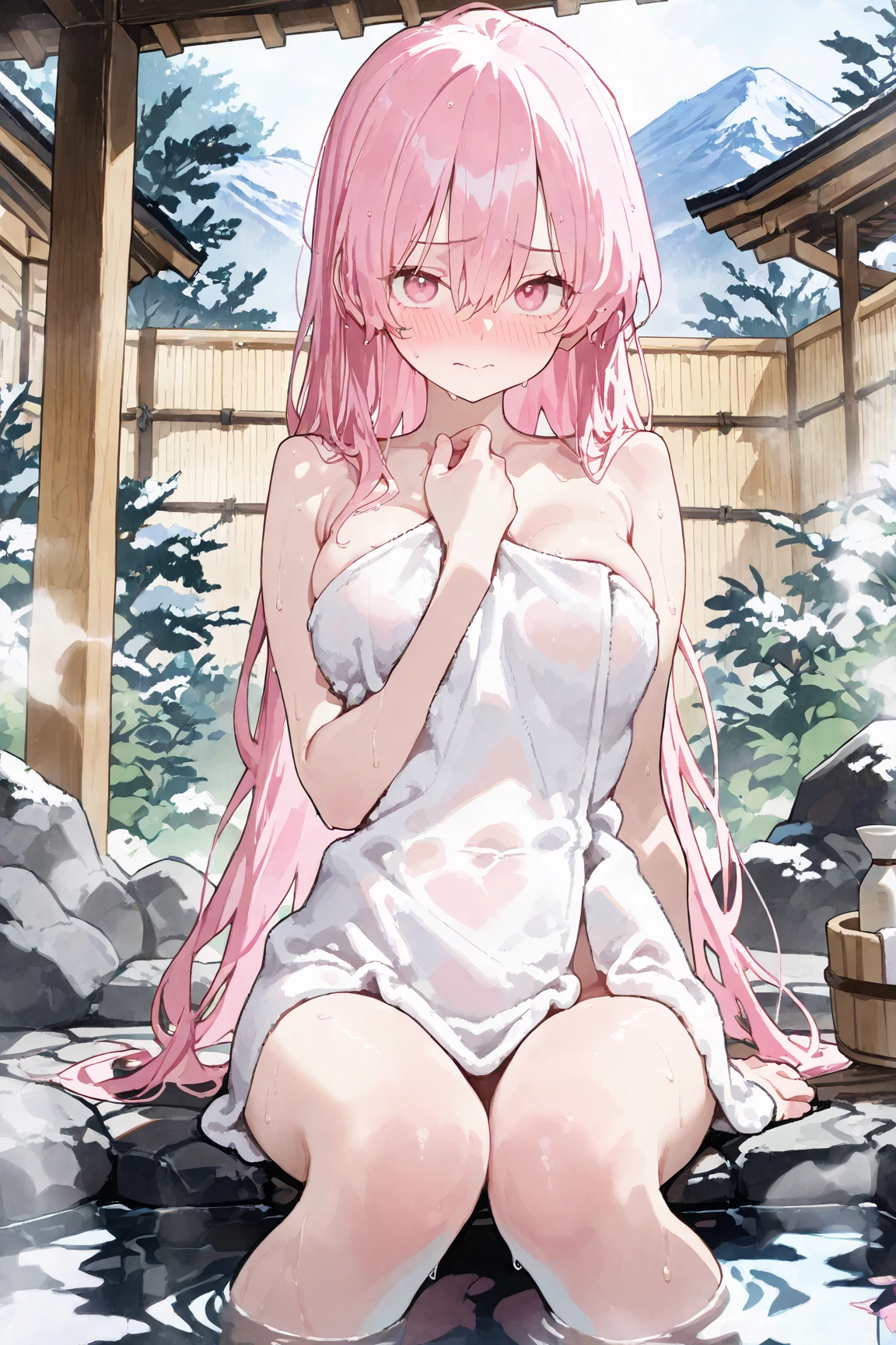 Very detailed CG Unity 8K wallpaper, Cute One lady, Mature pink hair、lady ,beautiful lady, pale skin (Super masterpiece, Beautiful person, well detailed face polluted smile, Photorealistic, hyper realisitic), Colorful winter kimono in pink and white colors、(white fur)、Japanese Style Hair Accessories、smile、Japanese background with light pink flowers and snow、Portrait、(pink eye)、(flat chest:1.2)、(Glowing Skin:1.7)、Detailed eyes、Big eyes、Open your mouth、Hide your arms