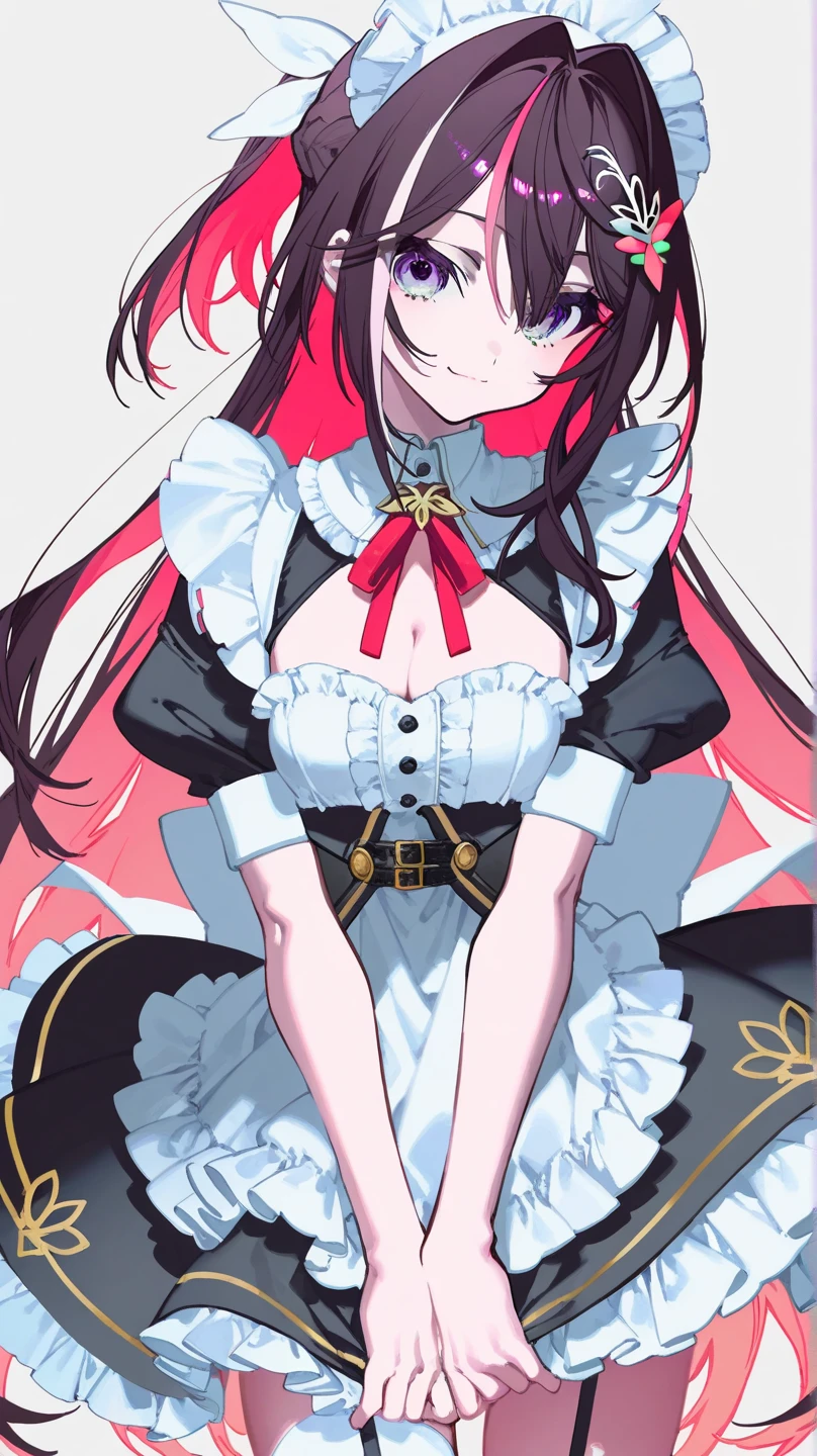 very tall and with long hair sitting on top holding a hat on, 1girl, breasts, solo, thighhighs, closed eyes, red bow, black hair, smile, long hair, hat, hat bow, large breasts, long sleeves, open mouth, tail, bow, white headwear, necktie, blush, eyeshadow