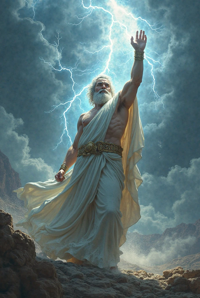 Zeus standing in the twilight sky in the style of an oil painting, raised his hand to control the lightning. Use camera focus f/2.0 to highlight Zeus and lightning against a soft twilight sky background. 8K resolution for sharp details on cloud textures and lighting effects.."