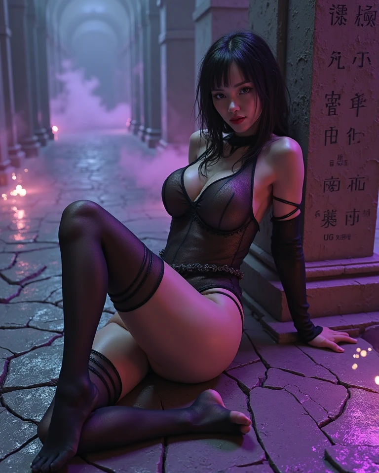 a beautiful japanese girl, cute high school girl assassin, detailed portrait of innocent 16 year old virgin, in the middle of the night in the western manor of a local lord, (wearing a purple underwear:1,2),(full body:1.3), gaze averted, cute double eyelids and black eyes, panic, heavy breathing, body soaked in sweat, trapped, tears streaming, (a fighting stance:1,3), (surrounded by large spiders, monster attack, dire situation:1.3), ((small breasts.1.1)), cleavage, slim waist, attractive thighs, beautiful legs, glossy black hair, medium straight hair, asymmetric bangs, hair flowing, ((best quality, 4k, 8k, highres, masterpiece, ultra-detailed, realistic, photorealistic, photo-realistic, intricate detail, highly realistic:1.3)), dramatic lighting, muted color palette, cinematic composition, emotional portrait