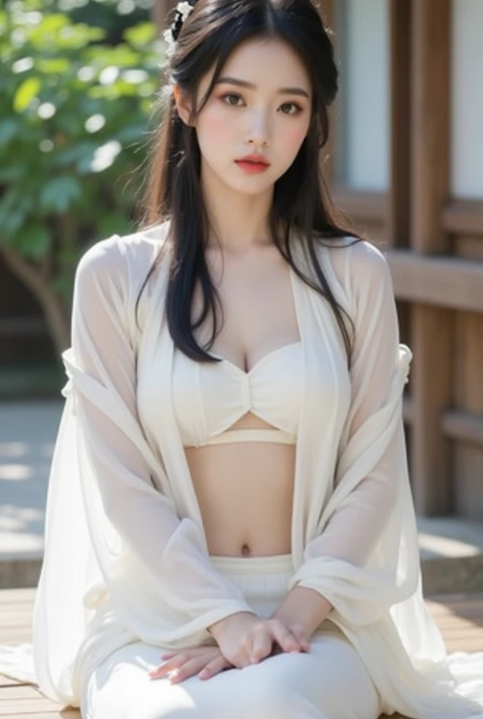 a young woman in her 30s, a sexy princess. Your expression should be thoughtful and contemplative, with deep-set eyes. In the background is shown a swimming pool with a luxury house, beautiful and perfect face, curvaceous body, anatomically correct, bright eyes, realistic body, photorealistic, 16k resolution, original image, high detail, high image quality, sharp focus. , dynamic light, large depth of field, ((white silk robe: 1.3)), under the breasts, full body view, American, human body proportions, (((medium breasts))), (black hair, ponytail on one side ), stomach, thin thighs, small hips, narrow waist, ,