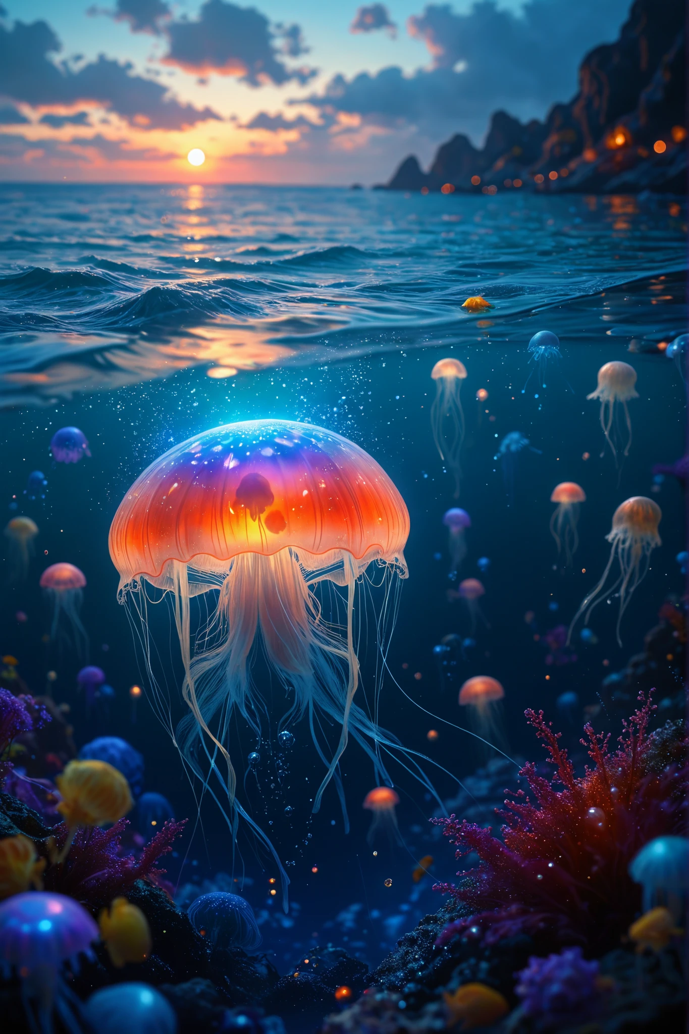 幻想的なsea中、Jellyfishの群れ,fantasy,sea,Jellyfish,In the water,fluorescent,bright colors,4K,high resolution,realistic,HDR,Deep Focus,Mysterious,dreamy,magic hour,vivid color,precise description,Mysterious,is overexpressed