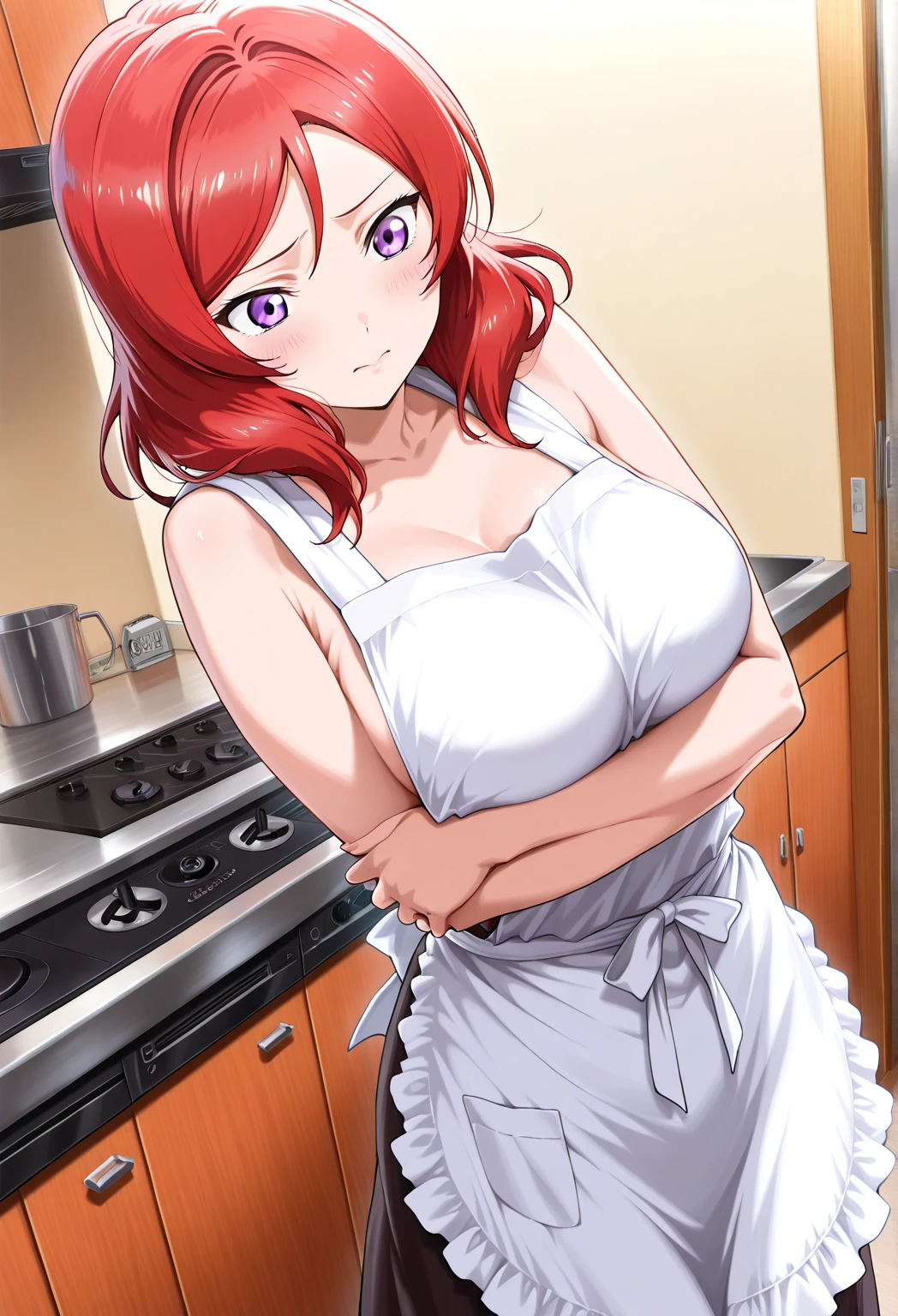 beautiful woman,dark skin,gorgeous full lips,huge breasts,gigantic breasts,deep cleavage,thin body,extra long flowing hair,orange hair,bright red eye,((hair covering one eye)),naked apron,in kitchen,cooking,near window,countryside,extreme blushing, happy expression,smiling